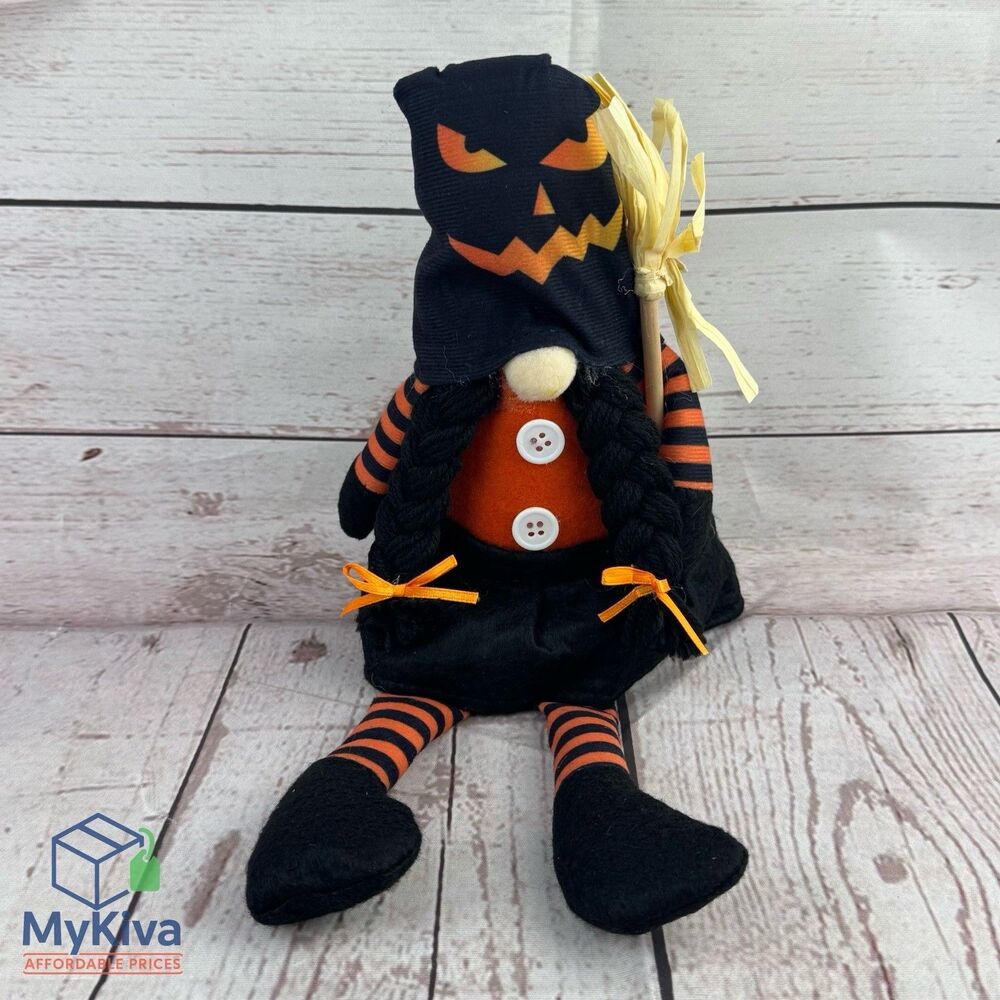 Halloween Pumpkin Witch Plush Doll 12 Inch Black Orange Decor Soft Toy
